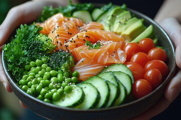 A bowl of salmon, vegetables, and sesame seeds held in hands