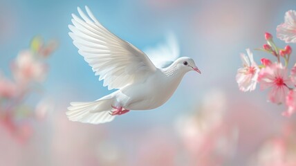 Obraz premium A white dove in flight symbolizes peace against a soft watercolor background adorned with delicate pink cherry blossoms during springtime