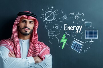Confident Arab sheikh on whiteboard background with schemes of solar panels and alternative energy sources. Green start-up, innovation and renewable energy concept. Lifestyle portrait for poster, card