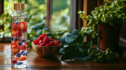  A glass bottle of berry-infused detox water with strawberries, raspberries, and blueberries, perfect for health, wellness, and hydration themes.