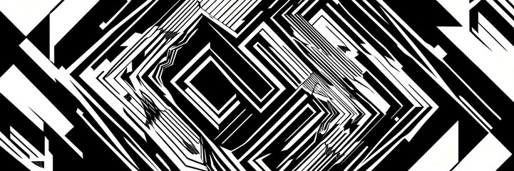 Op art, geometric patterns, black and white, abstract design, concentric squares, diagonal lines, hypnotic illusion, high contrast, symmetrical composition, optical illusion, tessellation, graphic art