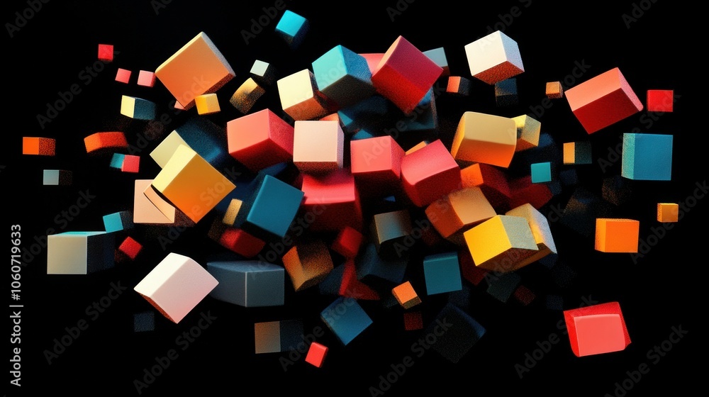 Poster geometric 3d blocks in various shapes against a dark background.