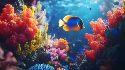 Vibrant angelfish exploring vibrant coral gardens, hyperrealistic photo. Underwater Coral Garden. Illustration