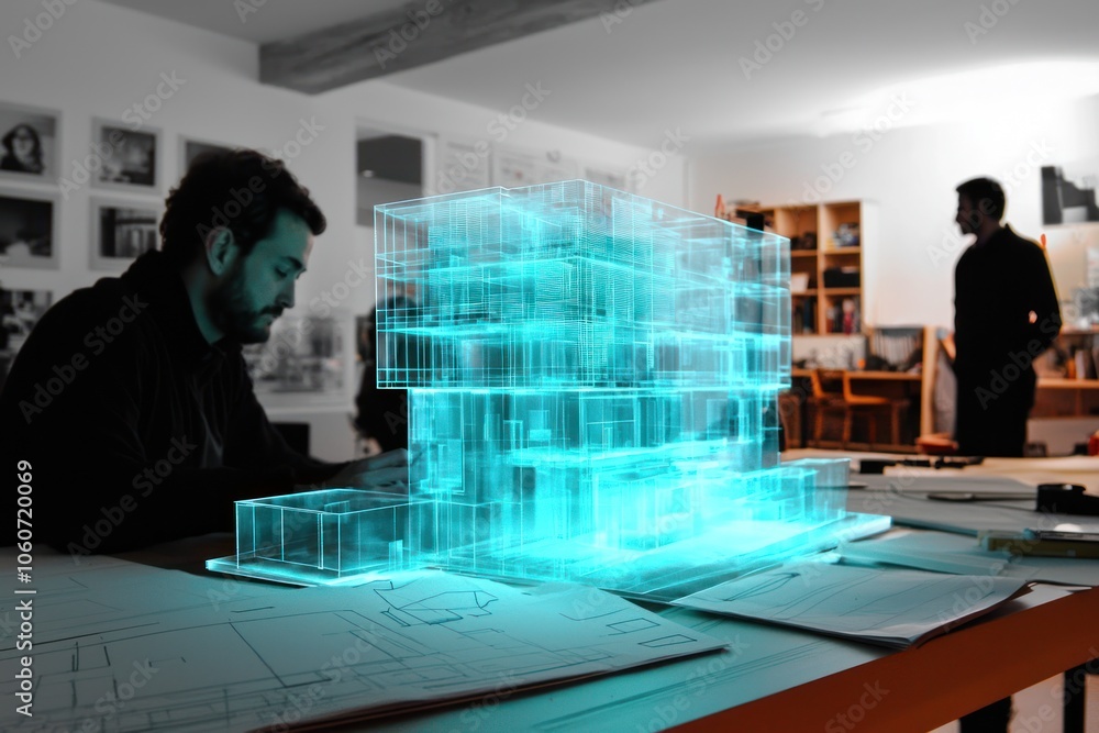 Aufkleber A Glowing Blue Wireframe Model of a Building on a Table in an Architecture Studio