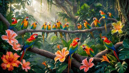 Tropical jungle scene with parrots exotic flowers and lush greenery. Created with generative AI technology