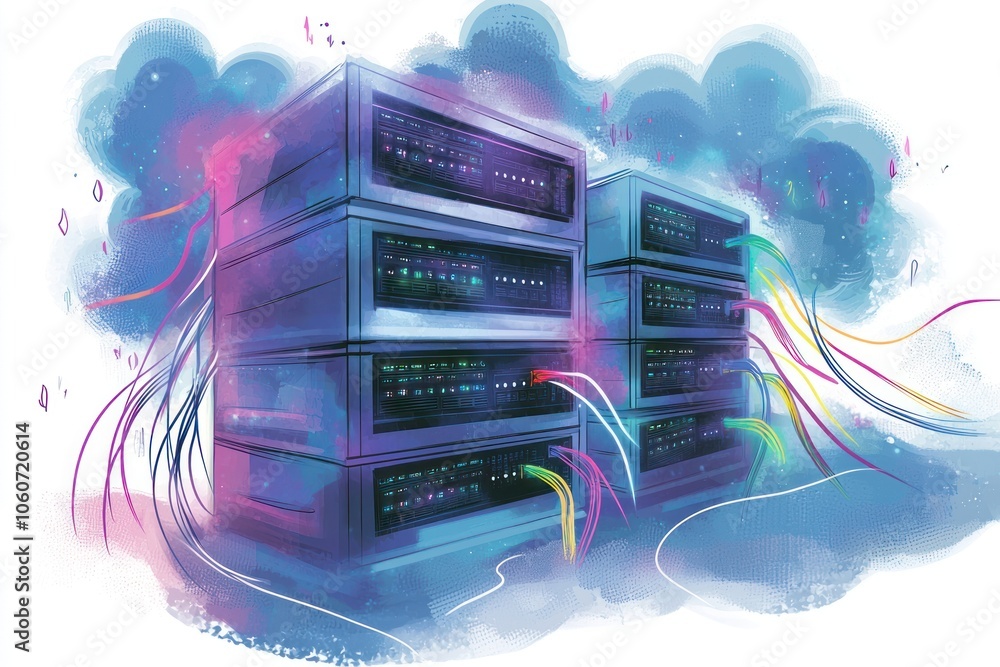 Poster Server Racks Connected by Colorful Cables in Abstract Cloud Setting