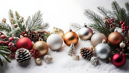 winter holiday decorations feature balls pine cones fir branches snowy white background festive abstract greeting card look