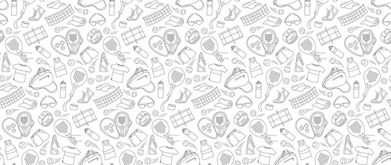 Seamless Padel Tennis Pattern with Rackets, Balls, and Accessories. Line Art Padel Tennis Equipment background Sports Gear, Apparel. Seamless doodle pattern vector illustration.