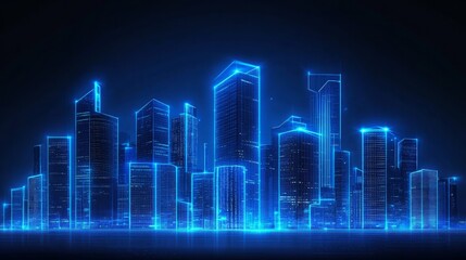 Cityscape background with blue neon lights for a futuristic feel.
