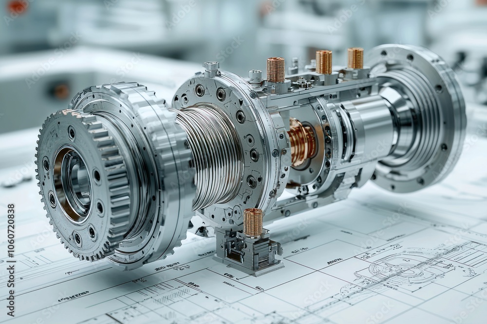 Poster Complex metallic mechanism with gears and a helical spring on a technical drawing.