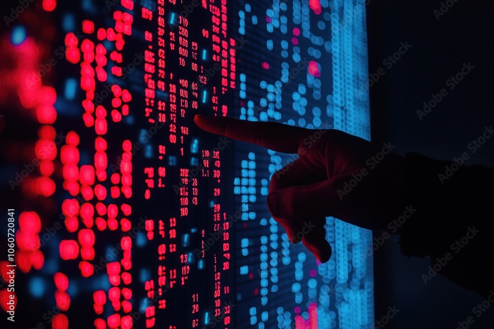 Poster A Finger Tracing a Pattern of Red and Blue Lights on a Digital Display