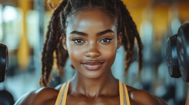 closeup of a strong african american woman lifting weights in a gym showcasing determination and strength against a backdrop of fitness equipment