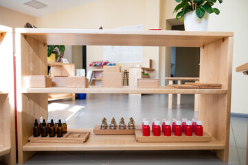 Montessori classroom shelf with learning materials