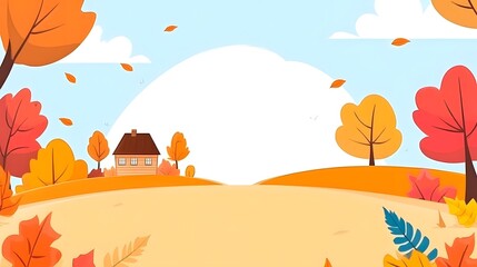 A serene autumn landscape with a house surrounded by colorful trees and falling leaves.