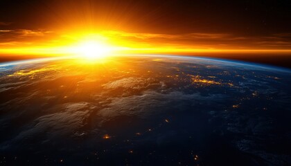 Obraz premium Panoramic view of Earth from space at sunrise with glowing city lights