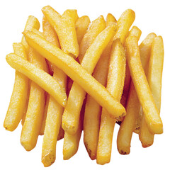 Crispy French fries in a top-down view, golden and inviting, isolated on a transparent background, ideal for food and snack-related themes.
