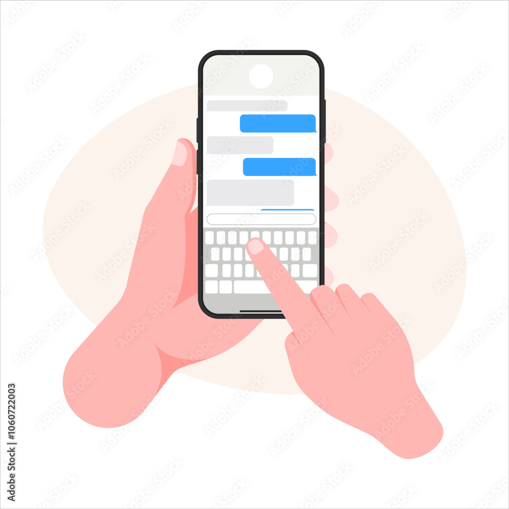 Poster hand holding smartphone with chat messages: modern flat style vector illustration featuring speech b
