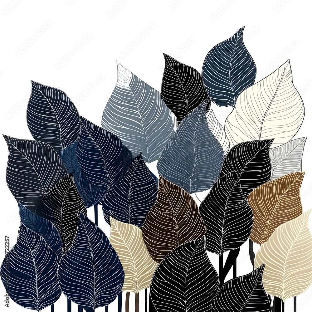 Poster a collection of stylized leaves in various shades, creating a decorative pattern.