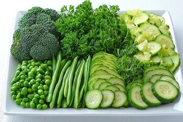 Green Vegetable Platter with Broccoli, Cucumbers, Green Beans, Peas, and Parsley