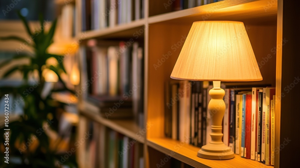 Poster a lamp illuminates a bookshelf filled with books, creating a cozy reading nook.