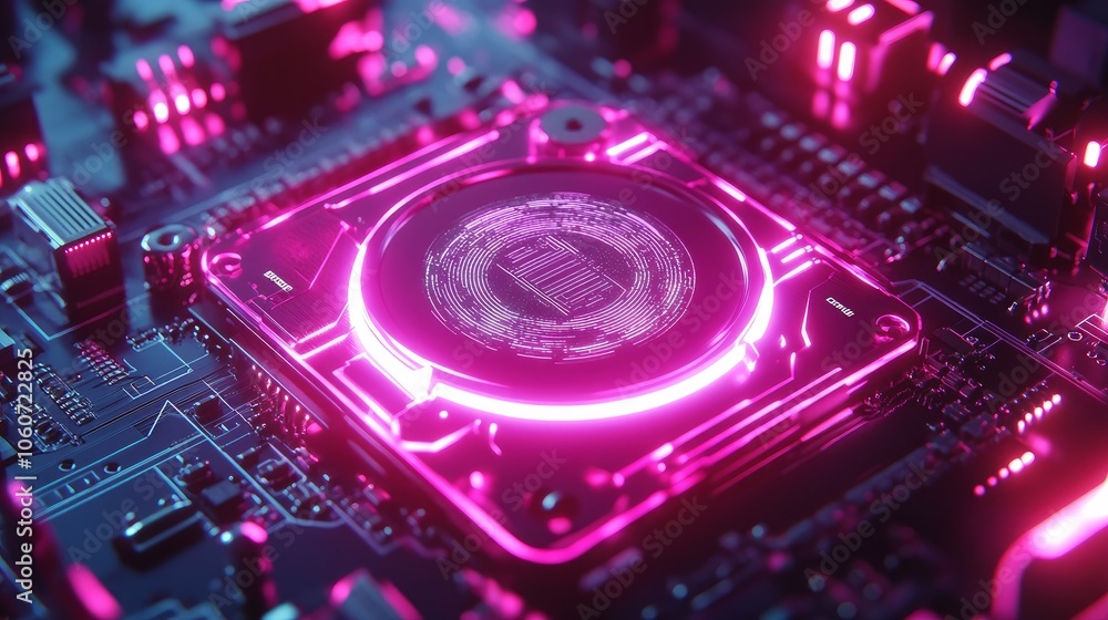 Poster hi-tech banner featuring a glowing circuit board and cpu.
