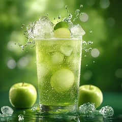 Refreshingly vibrant green drink with ice, apples, and splashes, set against a lush green background, perfect for summer enjoyment.
