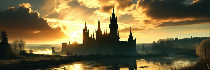 Naklejka premium Ethereal island silhouette, tranquil lake reflection, golden sunset sky, dramatic clouds, panoramic landscape, serene atmosphere, towering spires, dreamlike scenery, fantasy realm, mystical horizon, c