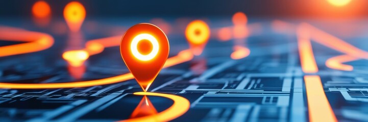 Navigation pins, GPS markers, digital map, glowing orange location icons, blue network connections, global positioning system, technological background, futuristic navigation concept, interconnected w