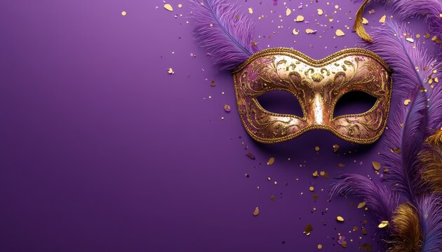 Celebrate Mardi Gras with a vibrant masquerade mask on a purple background - Powered by Adobe