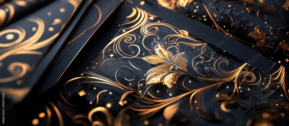Poster abstract background with luxurious gold swirls and patterns on dark blue surface.