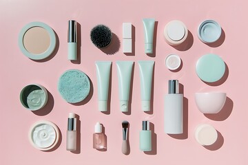 Flat Lay of Stylish Cosmetic Products on Pink Background