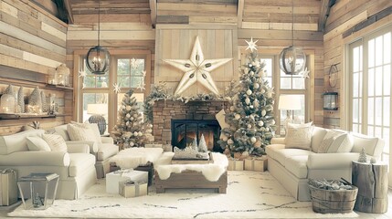 Fototapeta premium Christmas living room interior with fireplace, Christmas tree and gifts. 3d visualization.
