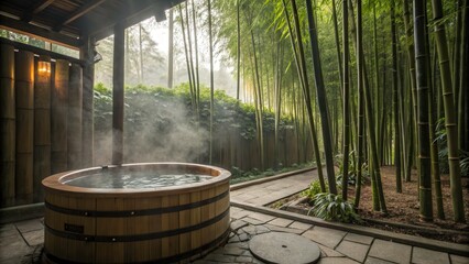 A Tranquil Hot Tub Nestled Among Lush Bamboo in a Serene Garden Setting. Generative AI