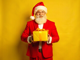 Smiling santa claus holding christmas gifts