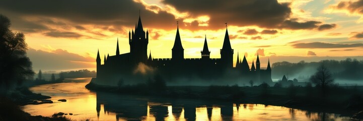 Naklejka premium Ethereal island silhouette, tranquil lake reflection, golden sunset sky, dramatic clouds, panoramic landscape, serene atmosphere, towering spires, dreamlike scenery, fantasy realm, mystical horizon, c