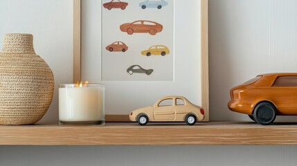 Minimalist shelf arrangement with a candle, toy cars, and decorative art.
