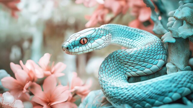 A green snake on a branch of a flowering tree with pink flowers, against the backdrop of a Buddhist temple, eastern Year of the Snake.