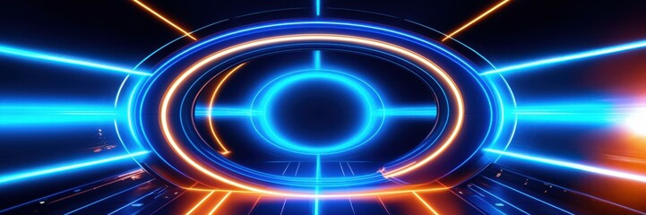 Futuristic neon tunnel, glowing blue circular portal, sci-fi corridor, orange energy beams, high-tech spaceship interior, cyberpunk aesthetic, motion blur, dark background, vibrant colors, symmetrical