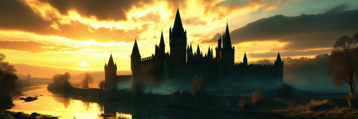 Ethereal island silhouette, tranquil lake reflection, golden sunset sky, dramatic clouds, panoramic landscape, serene atmosphere, towering spires, dreamlike scenery, fantasy realm, mystical horizon, c