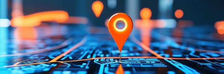 Navigation pins, GPS markers, digital map, glowing orange location icons, blue network connections, global positioning system, technological background, futuristic navigation concept, interconnected w