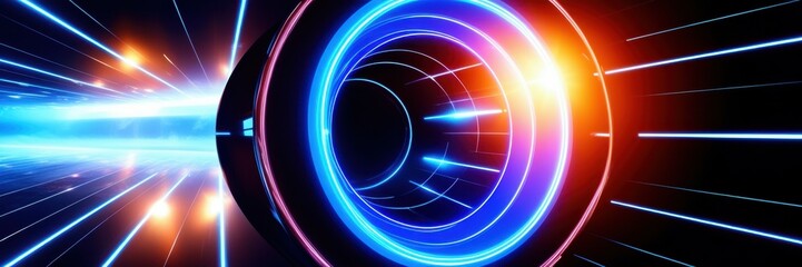 Futuristic neon tunnel, glowing blue circular portal, sci-fi corridor, orange energy beams, high-tech spaceship interior, cyberpunk aesthetic, motion blur, dark background, vibrant colors, symmetrical