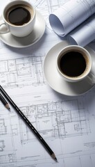 An Architect's Desk With Blueprints, Coffee Cups, and Drafting Tools. Generative AI