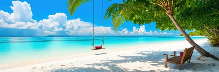 Naklejka premium Tropical paradise, pristine white sand beach, crystal clear turquoise water, palm trees, wooden swing, lush foliage, sunny blue sky, fluffy white clouds, idyllic island getaway, panoramic view, serene