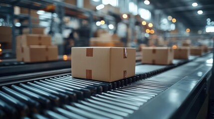 closeup of multiple cardboard boxes smoothly moving along a conveyor belt in a warehouse highlighting the efficiency of ecommerce and modern delivery systems