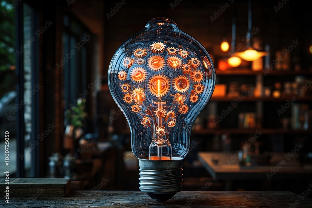 Poster a light bulb filled with interlocking cogs, representing innovation and ideas
