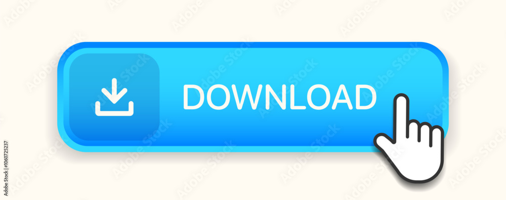 Aufkleber 3D download button icon. Upload icon. Down arrow bottom side symbol. Click here button. Save cloud icon push button for UI UX, website, mobile application.
