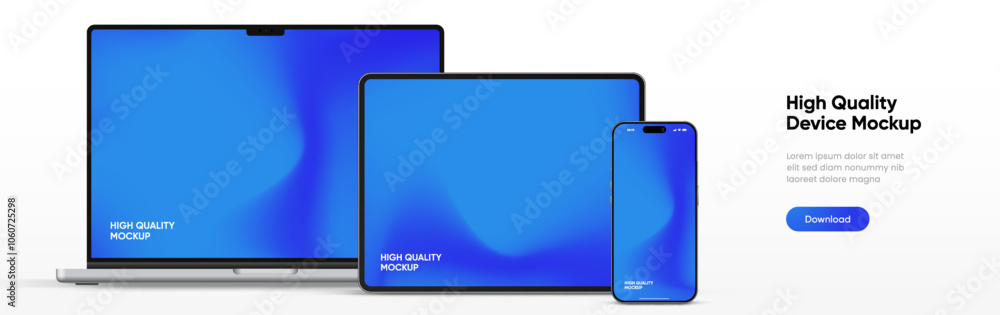 Poster Modern laptop mockup front view and high quality smartphone and tablet mockup isolated on white background. Notebook mockup and phone device mockup for ui ux app and website presentation.Stock Vector.