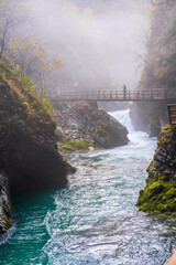 gorge with a river in the mountains, blue water, blue river, waterfalls, rocks and mountains