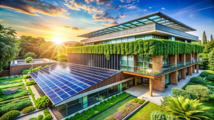 Obraz premium Solar Energy Technology for Sustainable Buildings: Minimalist Design, Eco-Friendly Architecture, Solar Panels, Green Energy Solutions, Modern Construction, Renewable Energy, Urban Sustainability