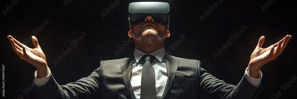 Poster Man in a Suit Wearing a Virtual Reality Headset with Open Hands